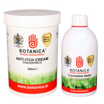 Two containers of Botanica products for pet flea and tick control, including a 550ml Anti-Itch Cream concentrate and a 500ml Cleansing Wash.