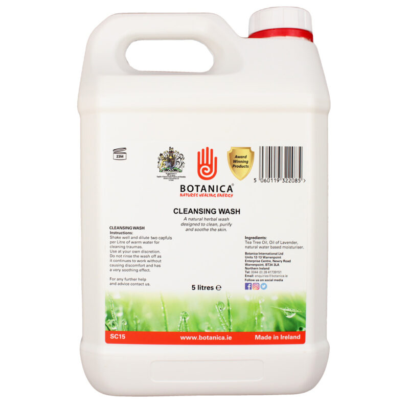 A gallon of Botanica Cleansing Wash 5 Litres with a herbal background.