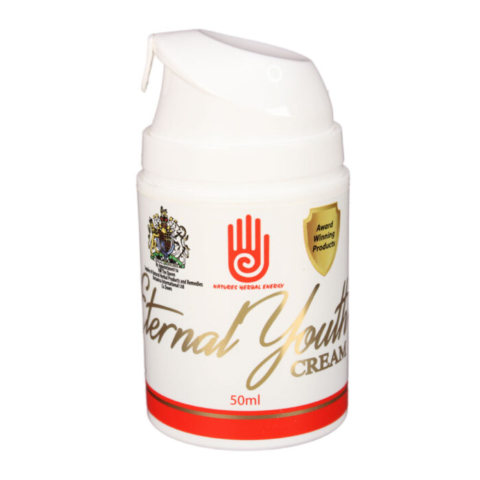 A bottle of Botanica Eternal Youth Cream 50ml on a white background, showcasing the natural herbal formula.