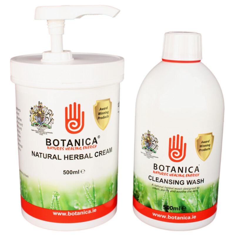 A bottle of Botanica herbal cleansing wash and a bottle of water.
