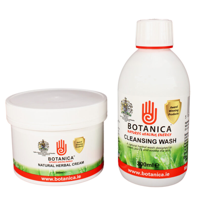 A bottle of Botanica Herbal cleansing wash and a jar.