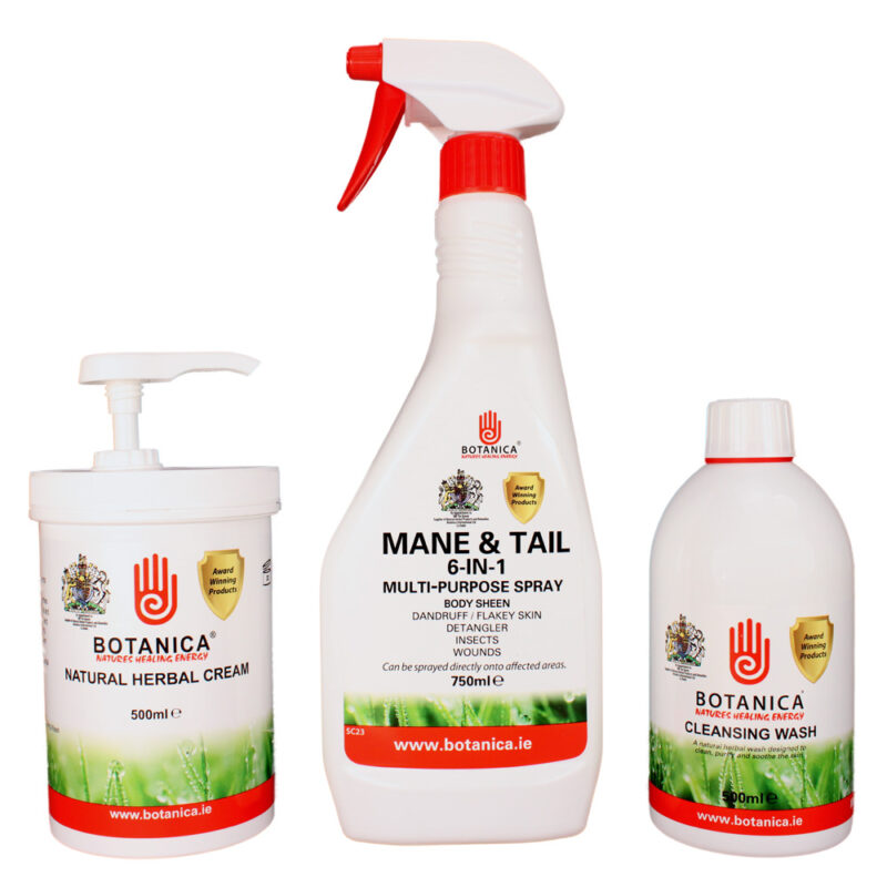 A Small Grooming Package of botanica herbal mane and tail spray and a bottle of water.
