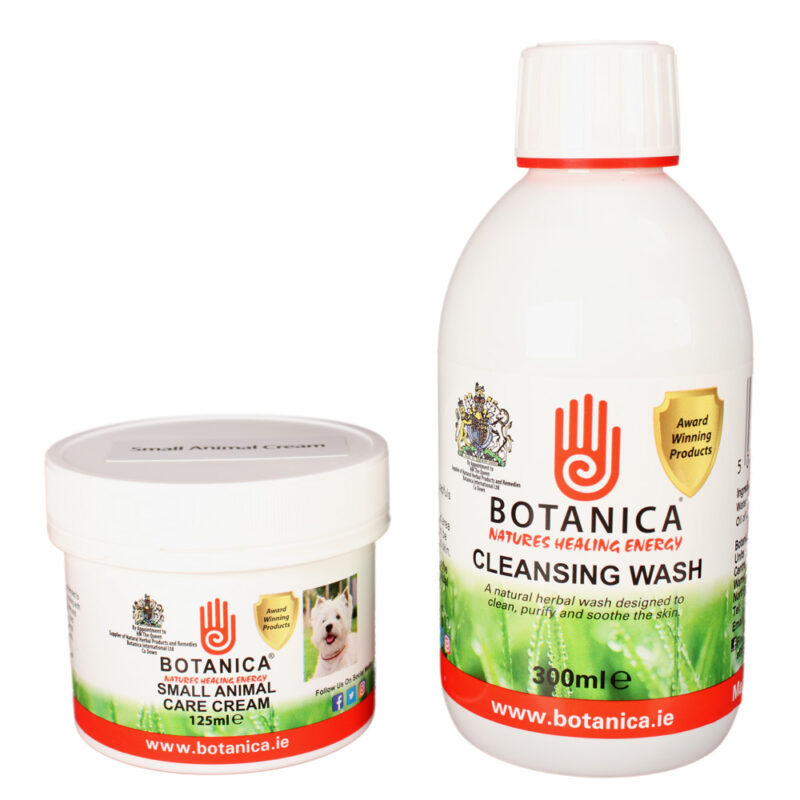 A bottle of Botanica Small Animal Package cleansing wash and a bottle of water.