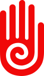 A botanical herbal logo featuring a red hand adorned with a spiral.